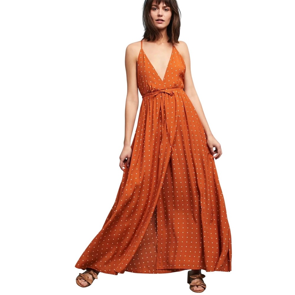 Faithfull the Brand Stefano Wrap Dress Anthropologie Rust Orange Maxi Sz 2 Boho